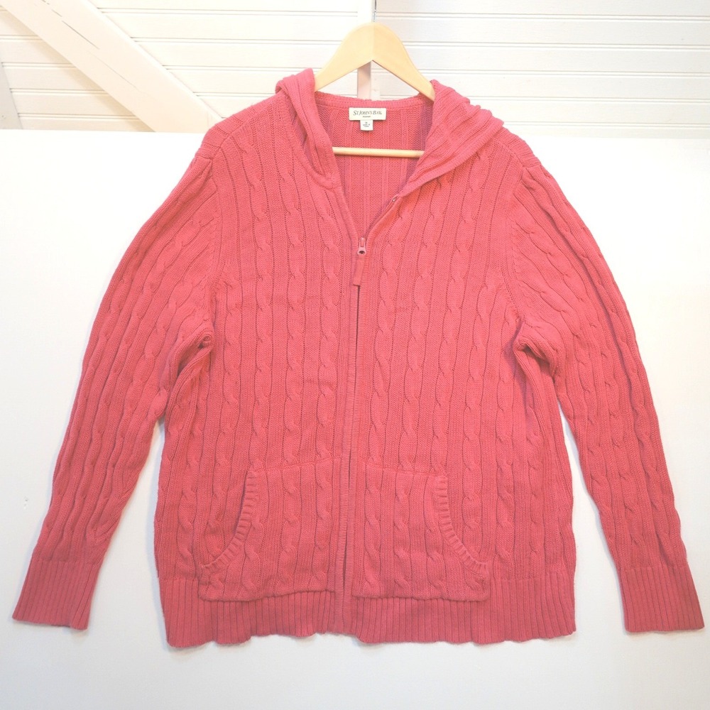 Women's 1X Cable Knit Zip-Up Hoodie Sweater St. John's Bay Pink w/ Pockets